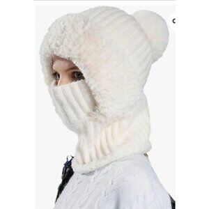 Women's White Knit Hat Winter Scarf Mask Set Snow Caps Plush Earmuff Skull Hats